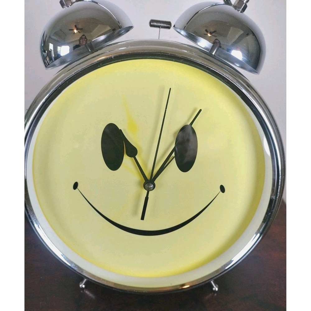 Vintage Sterling & Noble Smiley Face Alarm Clock Jumbo Twin Bell Yellow 11"